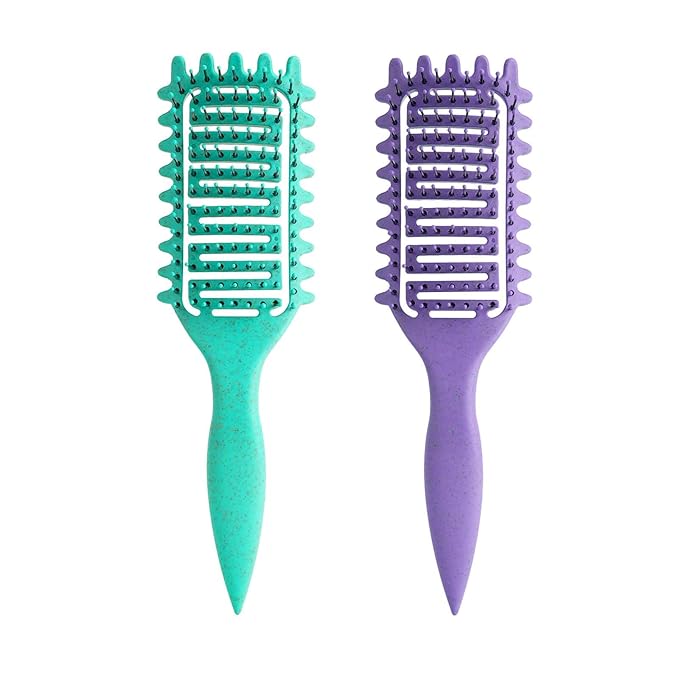 Curl Defining Brush for Curly Hair, Vented Detangling Hair Brush for Wet and Dry Styling, Curved Brush for Shaping and Smoothing Curl Clumps, Lightweight Hair Brush (Green Purple)