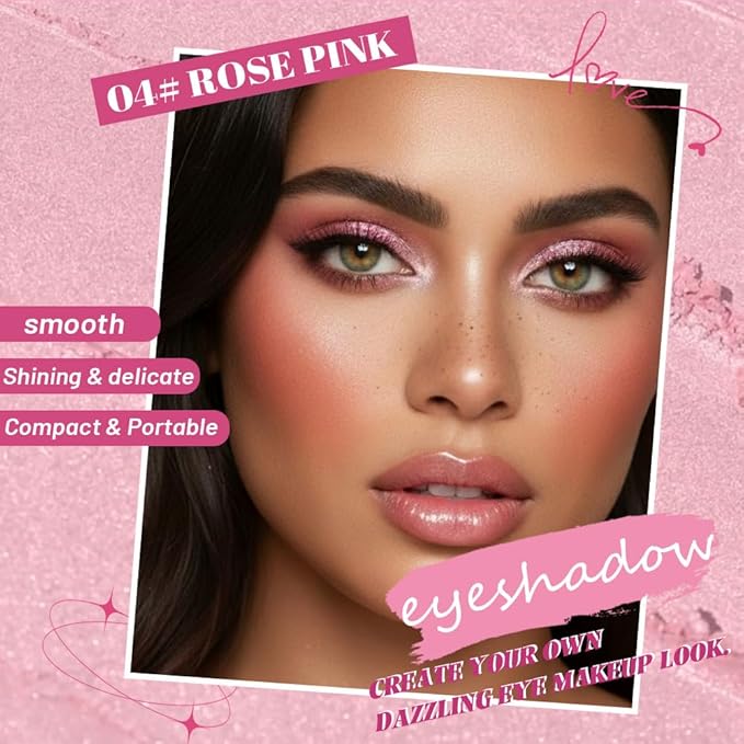 WanTuoluo Sparkly Eyeshadow Palette for Women, Single Monochrome Eye Shadow Makeup, Shiny Pressed Cream Powder, Blendable Natural sombras para ojos, Holographic,Vegan,Travel (04-Glitter-Rose Pink)