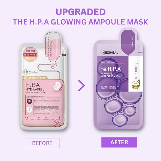 Mediheal Official Best No.1 Korean Sheet Mask - HPA Ampoule Face Mask 10 Sheets for Smoothing, and Instant Glow with LHA & PHA