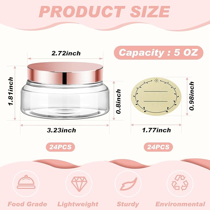 Tessco for you 24 Pack Plastic Jars with Lids Labels Multiuse Slime Containers Empty Body Scrub Jars Round Refillable Cosmetic Body Butter Container for Makeup (5 oz,Clear,Rose Gold)