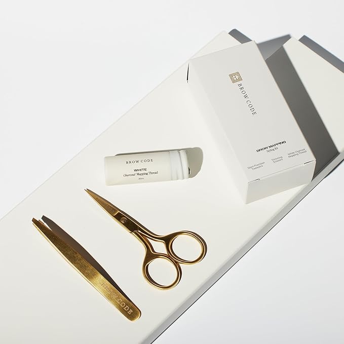 Brow Code Brow Mapping Kit – White Charcoal Mapping Thread, Slant Tweezers & Trimming Scissors – Professional Brow Shaping & Symmetry Tool Set