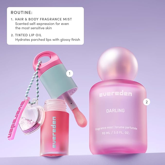 Evereden Kids Fragrance Gift Set – 3 Hair & Body Mists + Tinted Lip Oil | Clean, Vegan, Non-Toxic Scents for Girls & Teens | Fun Self-Care Gift Box with Aesthetic Collectible Bottles