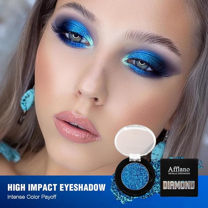 Afflano Sparkly Blue Eyeshadow Single, Long-Lasting Blue Glitter Eyeshadow Rich Pigment, One Swipe Coverage, 12H Wear No Fallout Metallic Shimmery Sapphire Eye Shadow for Women Day, Night Party Makeup