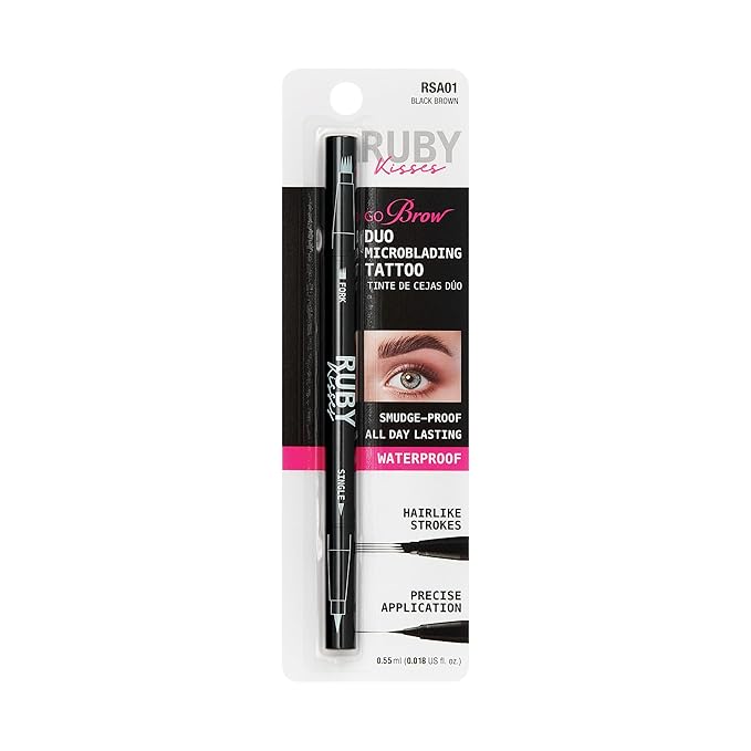 Ruby Kisses Go Brow Microblading Eyebrow Pen, Waterproof Eyebrow Pencil for Women, Dual-Ended Liquid Tattoo Brow Pencil with 4-Fork & Precise Brush Tip for Natural Hair-Like Strokes (Black Brown)