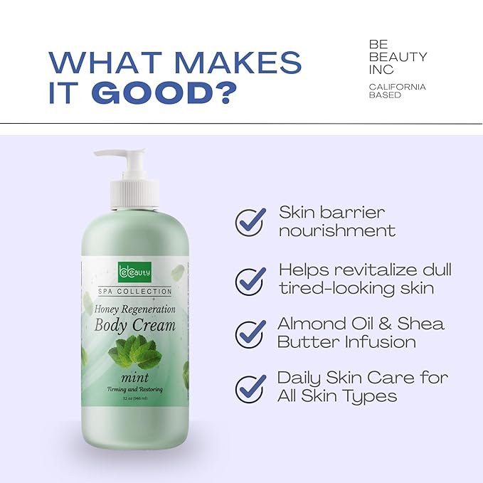 BeBeauty Mint Honey Regeneration Body Cream Hydrating & Nourishing Body Lotion for Smooth, Soft, Revitalized Skin 32 oz