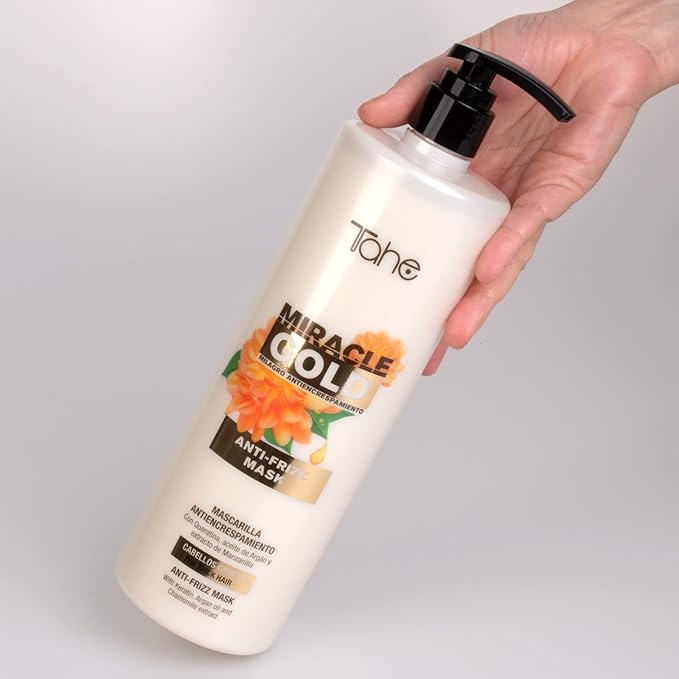 Tahe Miracle Gold Anti-Frizz Mask for Thick Hair with Keratin, Argan Oil, and Chamomile Extract, 1000ml