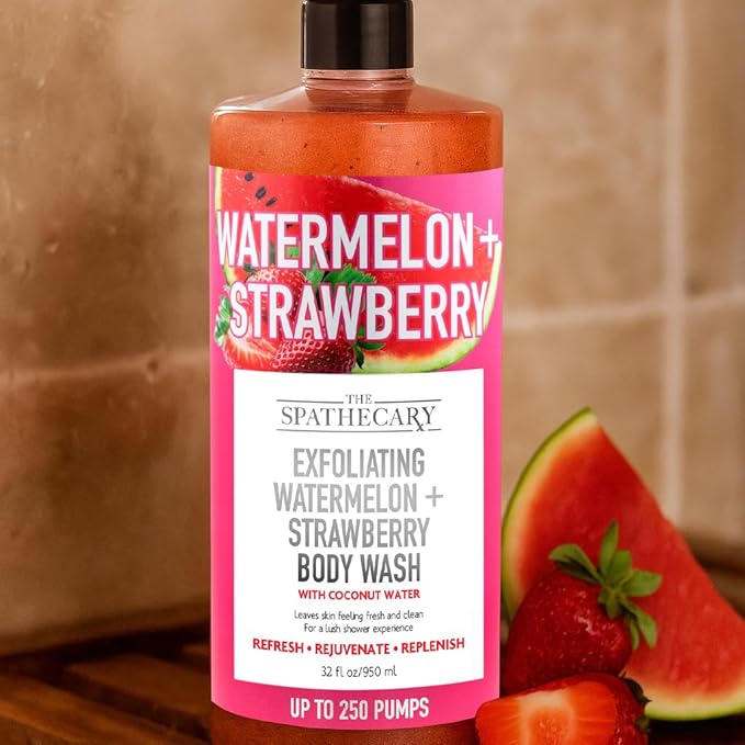 Exfoliating Body Wash – Watermelon & Strawberry with Coconut, Nourishing Body Scrub for Smooth Skin, Hydrating & Rejuvenating Shower Gel, For Women & Men, Cruelty-Free, 32 oz
