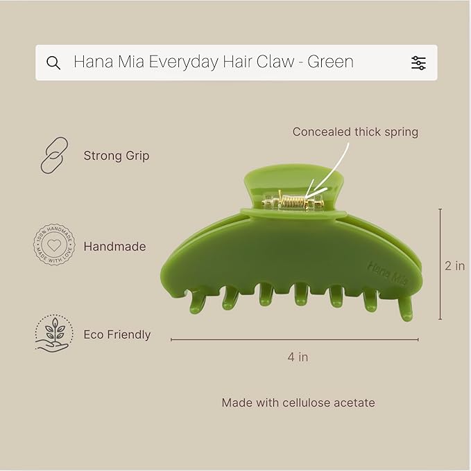 Luxury Green Claw Clip for Women | Our Large 4 Inch Hair Clip Creates Beautiful Half Ups, Secure Updos & Chic Daily Styles | Premium Acetate Claw with Secure Hold & Snag Free Teeth for Easy Styling