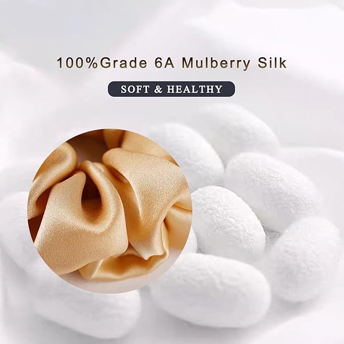 100% Pure Mulberry Silk Hair Scrunchies for Women & Girls, Light Gold, 16 Momme Silk for Curly, Thick or Thin Hair