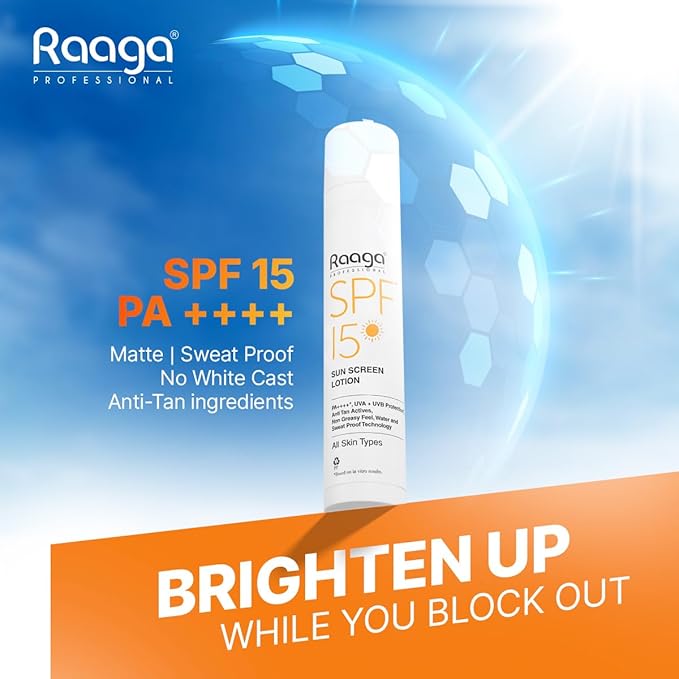 Raaga Professional Sunscreen Lotion SPF 15 | Broad Spectrum UVA & UVB Protection | Lightweight, Non-Greasy & Water-Resistant | Keeps Skin Hydrated | For All Skin Types | 1.86 Fl Oz/55ml