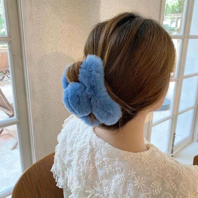 YOYLMAL Large Faux Fur Hair Claw Clip for Women, 5.1 Inches Winter Fluffy Fuzzy Hair Clips, Nonslip Strong Hold Furry Big Jaw Clamp for Thick Long Hair (Blue)