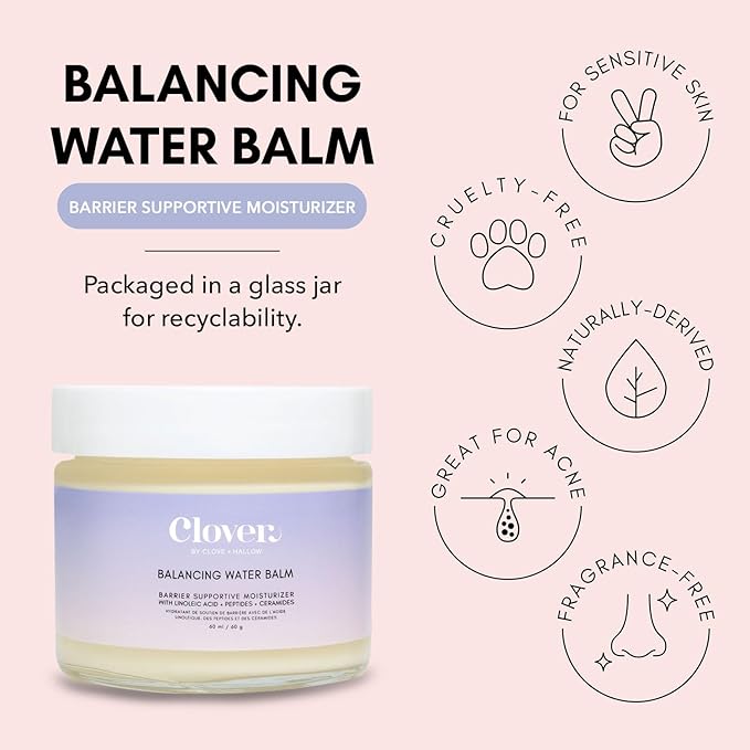 Clover Balancing Water Balm | Natural Gel-Cream Moisturizer for Sensitive Skin | Hydrates, Soothes & Smooths with Linoleic Acid, Ceramides & Peptides | Cruelty-Free & Vegan Face Cream - 2 oz (60 ml)