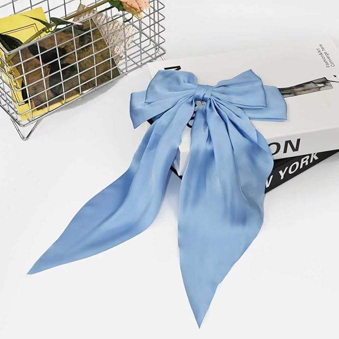 Silky Satin Oversized Long-tail Bow Clip, Large champagne color Hair Bow for Women Girl, Hair Accessories with Long Tail, 1Pcs(#Sky Blue)