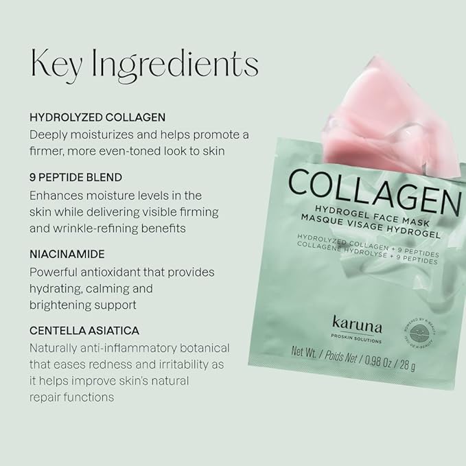 Karuna Skin - COLLAGEN Face Mask Sheets, Hydrogel 2-Piece Facial Mask, Age-Defying, Hydrating, Rejuvenating & Moisturizing Skin Care Essential That Targets Fine Lines & Wrinkles, 1 Pack