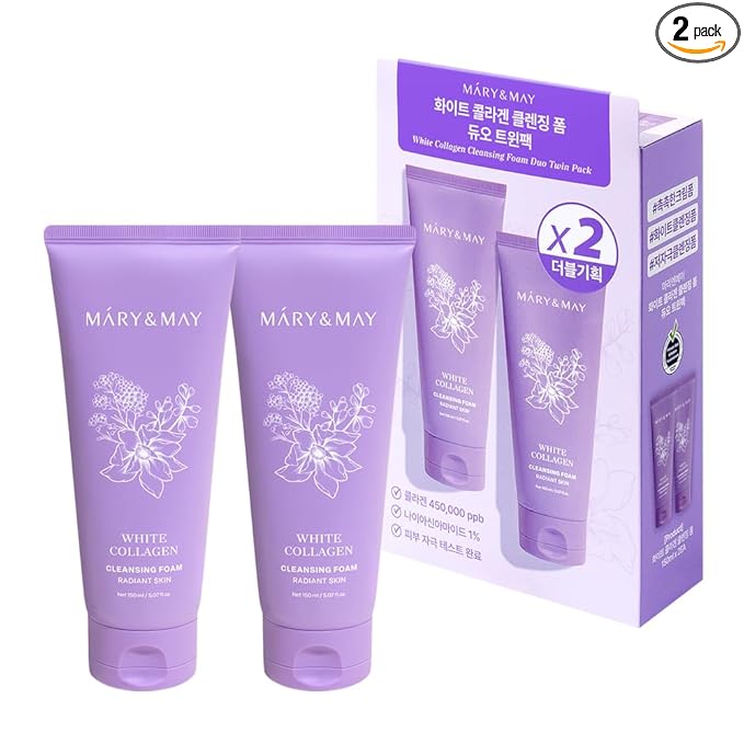 Mary&May White Collagen Cleansing Foam Duo Twin Pack - Deep Cleansing, Hydrating Formula for Firm and Radiant Skin with Niacinamide - Korean Skincare, EWG Green Grade, Hypoallergenic, 10.14 Fl Oz