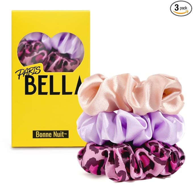 PARISBELLA Silky Satin Scrunchies For Women, Satin Hair Ties for Thick and Thin Hair, Pink Lavender and Cheetah, Pack of 3