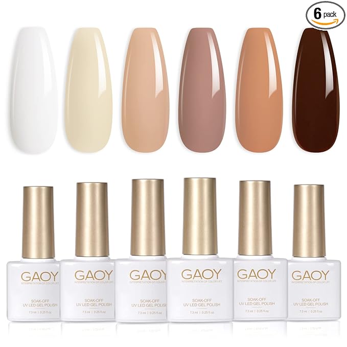GAOY Nude Brown Gel Polish Set, 6 Neutral White Pink Skin Tones Colors Soak Off UV Light Cure Gel Polish Kit for Salon and Nail Art DIY at Home