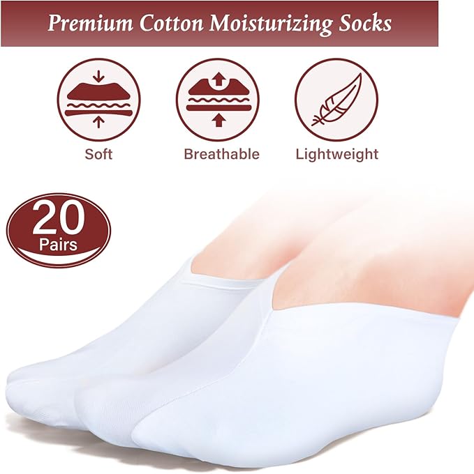 Geyoga 20 Pairs Moisturizing Socks Overnight for Dry Feet Spa Cotton Moisture Enhancing Cosmetic Socks for Women and Men, White