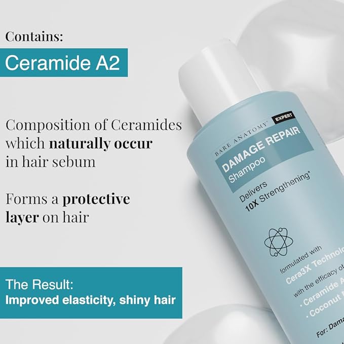 Bare Anatomy Damage Repair Hair Shampoo | Provides 10x Strengthening Powered By Ceramide A2 & Coconut Milk Protein | For Damaged, Dry & Frizzy Hair | Sulphate & Paraben Free | For Women & Men | 250ml
