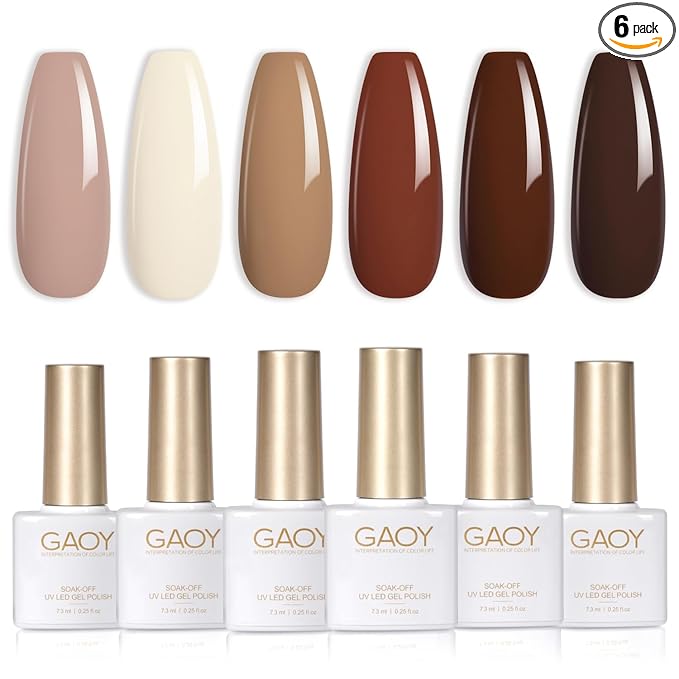 GAOY Nude Brown Fall Gel Nail Polish Set, 6 Colors White Beige Dark Tan Taupe Soak Off UV Light Cure Gel Polish Kit for Salon and Nail Art DIY at Home