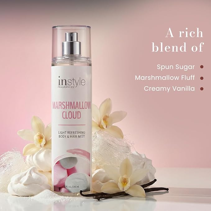 Instyle Fragrances | Body & Hair Mist | Marshmallow Cloud Scent | With Panthenol | CLEAN, Vegan, Paraben Free, Phthalate Free | Premium 8 Fl Oz Spray Bottle