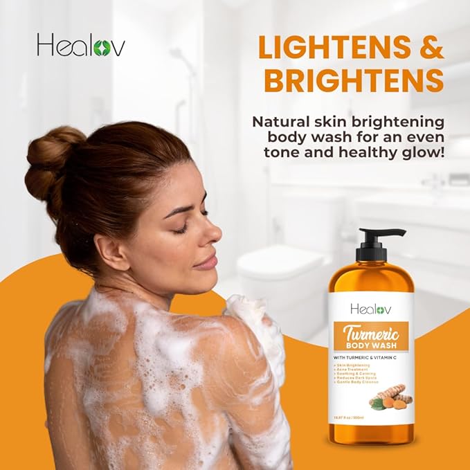 Turmeric Body Wash – Skin Brightening Soap for Dark Spots, Hyperpigmentation – Exfoliating Turmeric Face Wash Reduces Acne, Scars, & Cleanses Skin – Natural Bath Liquid Soap