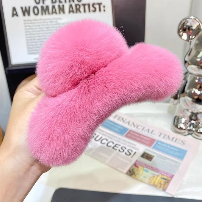 YOYLMAL Large Faux Fur Hair Claw Clip for Women, 5.1 Inches Winter Fluffy Fuzzy Hair Clips, Nonslip Strong Hold Furry Big Jaw Clamp for Thick Long Hair (Rose Red)