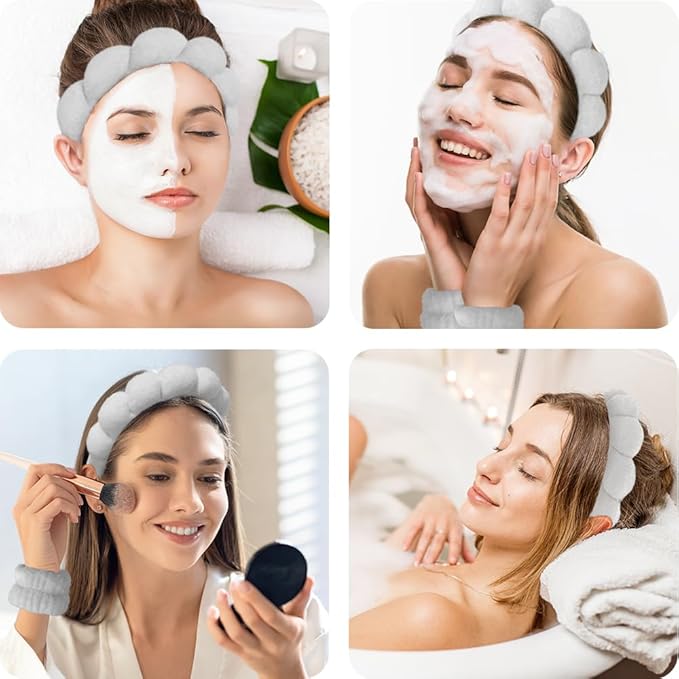 Spa Headbands for Washing Face Wristband Set Sponge Makeup Skincare Headband Wrist Towels Bubble Soft Terry Towel Cloth Hairband for Women Puffy Headwear Non Slip Thick Thin Hair Headwear (Gray)