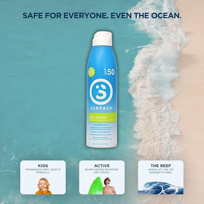 Surface Sunscreen Spray SPF 50 for Body, Natural Formula, Lightweight and Reef Friendly, Broad Spectrum UVA UVB Protection, Water Resistant Sun Care for Outdoor Use, Fragrance Free, 6oz