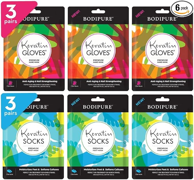Bodipure Premium Hand and Foot Mask | Moisturizing Kertain Gloves & Socks | Hydrating Dull Dry Hands, Cracked Heels, Callus Softening & Nail Strengthening | Chemical-Free Feet Treatment | (3+3 Pack)