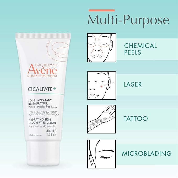 Avène Cicalfate+ Hydrating Skin Recovery Emulsion for post-procedure & post-tattoo, helps restore skin barrier, 24hr hydration, 1.3 Fl Oz