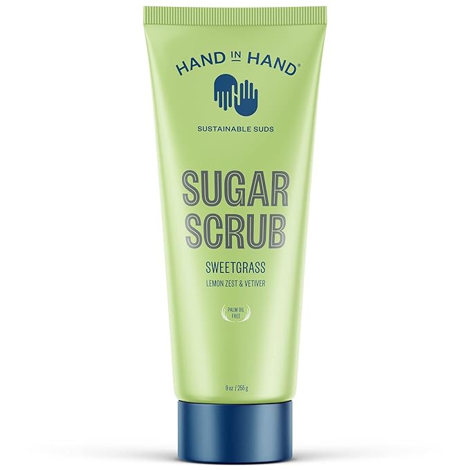 Hand in Hand Sugar Scrub, Gentle Exfoliation For All Skin Types, 9 Ounce, Lemon Zest & Vetiver, Sweetgrass Scent, Single