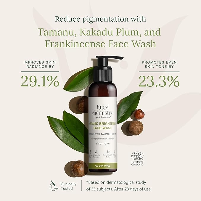 Juicy Chemistry Organic Face Wash with Tamanu Oil & Kakadu Plum | Brightening & Hydrating Cleanser for Pigmentation, Sensitive & Dry Skin | Vegan, Cruelty-Free – 3.4 oz
