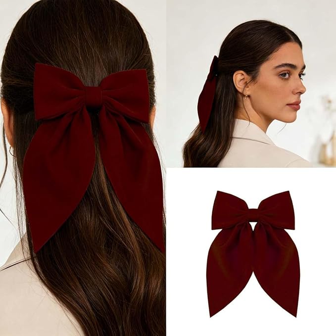 Large Red Bows Hair Clips for Women - ZWENJIE Oversized Non-Slip Satin French Hair Clip Claw Accessory for Girls Thick/Thin Deep Burgundy Hair Barrettes for styling