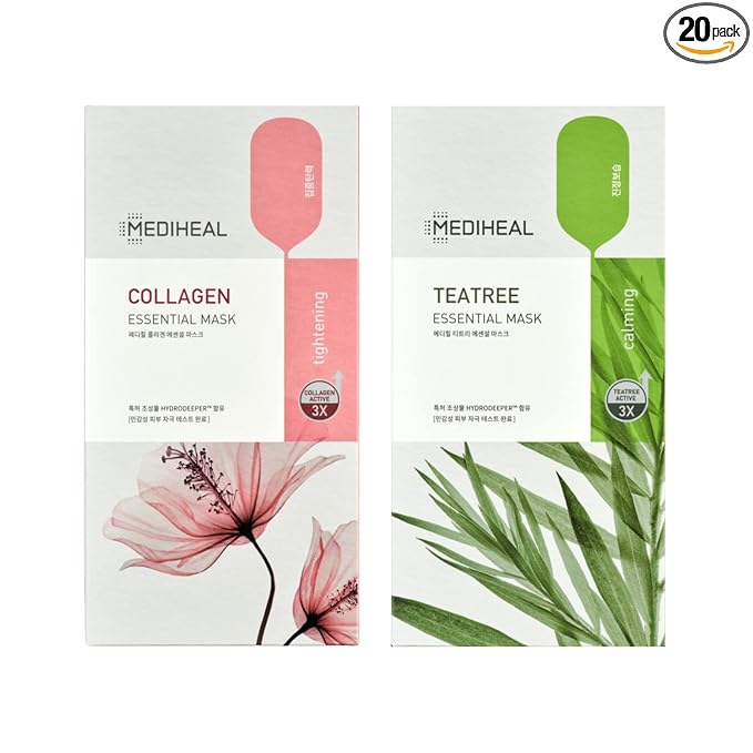 Mediheal Official Best Korean Sheet Mask - Collagen Teatree Essential Face Mask 20 Sheets Lifting Firming Calming Soothing For All Skin Types