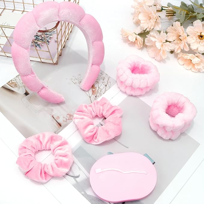 SPA Headbands for Washing Face Makeup Scrunchies Hair Tie Hair Band Women Facial Head Band Wrist Towel Wraps For Shower Face Mask Pink, 6 Pack