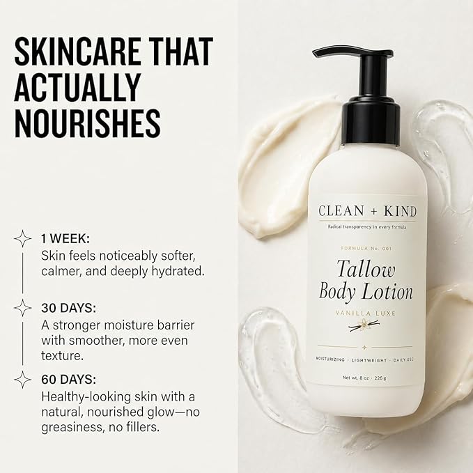 Vanilla Tallow Body Lotion 16 oz Family Size — Hydrating Non-Toxic Body Moisturizer & Cream, Grass-Fed Beef, Organic Shea, Jojoba, Coconut MCT & Aloe for Dry Sensitive Skin