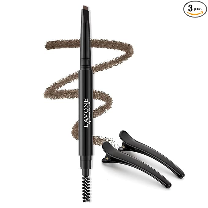 LAVONE Eyebrow Pencil - Makeup Waterproof Brow Pencil with Triangular Tip, Dual-Sided Brow Brush, Precise, Fine Tip, Fills Brows Creates Natural Looking Brow, with Hair Clips - Deep Brown