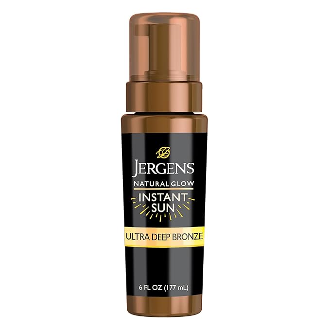 Jergens Natural Glow Instant Sun Body Mousse, Self Tanner for Ultra Deep Bronze Tan, Sunless Tanning Body Bronzer, Natural Looking Fake Tan, 6 Oz