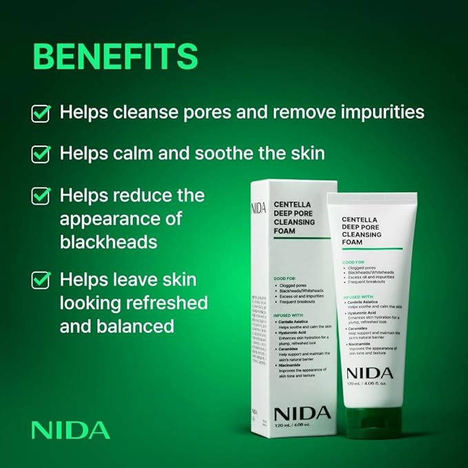 NIDA Centella Deep Pore Cleansing Foam | Centella Asiatica, Hyaluronic Acid, Ceramides, Niacinamide | Clogged Pores, Blackheads/Whiteheads, Good for Impurities & Breakouts | 4.06 oz., 120ml