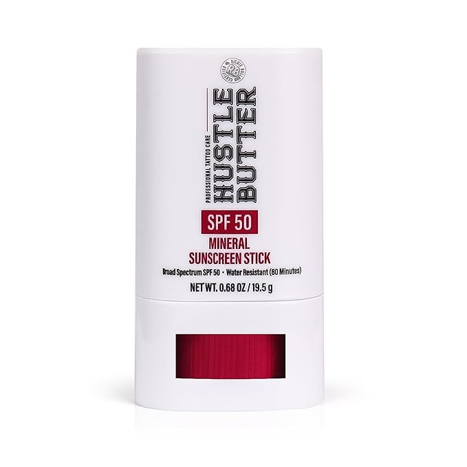 Hustle Butter Tattoo Aftercare Sunscreen Stick - Tattoo Sunscreen Stick, Fade Protection SPF 50, Hydrating with Shea Butter & Coconut Oil, TSA-Friendly, Water Resistant, Non-Greasy, 0.68 oz