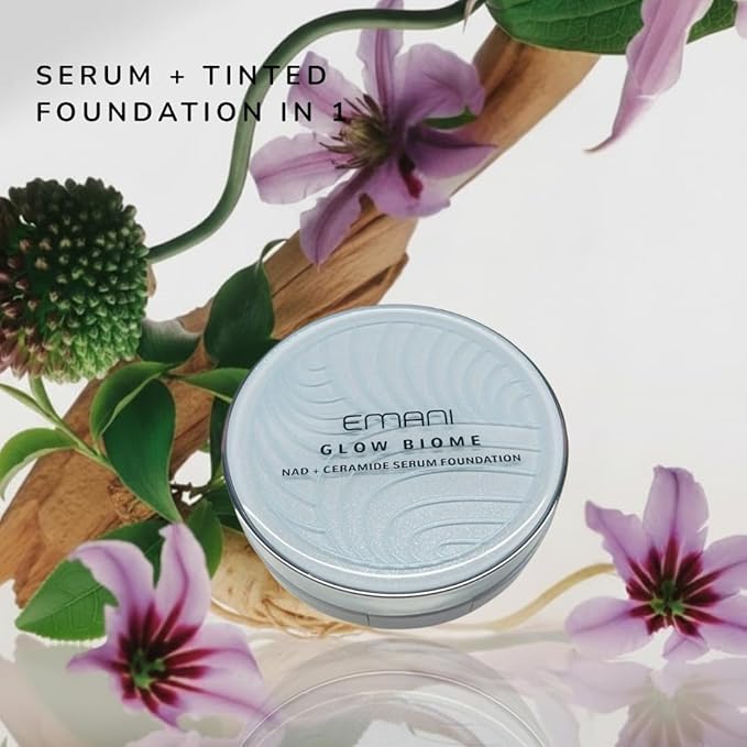 NAD+ Serum Foundation for Sensitive Skin — EMANI Biome Lightweight Skin-Like Coverage with Vitamin C, Peptides, Ceramides & Avocado Oil — Buildable, Vegan, Refillable Compact, 0.63 fl oz (Light Glow)