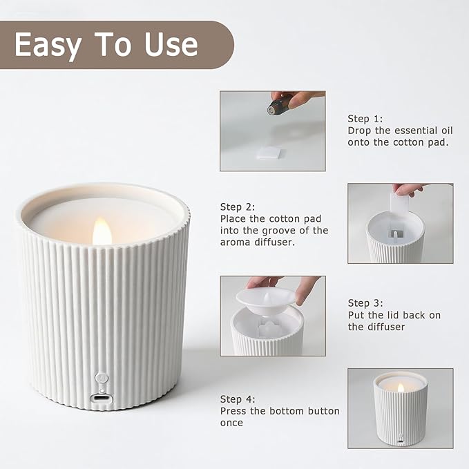 2 in 1 Waterless Essential Oil Diffuser and 3D Wick and Realistic Flame Candle,Flameless Candle Diffuser,USB Power Supply LED Candle Waterless Diffuser 12PCS Cotton Pads(No Rechargeable Battery)﻿