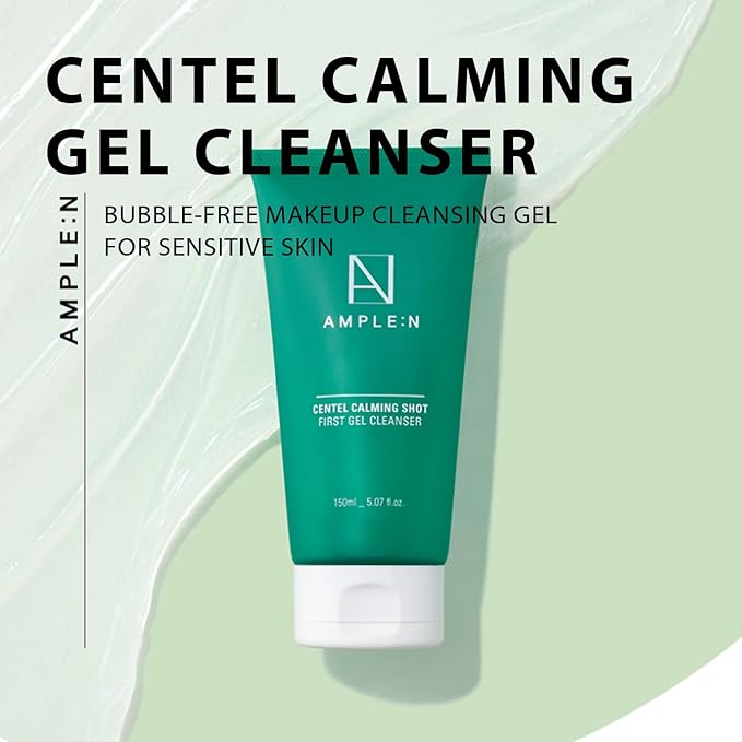 AMPLE:N Centel Calming Shot First Gel Cleanser - Korean Calming Gel Facial Cleanser - Makeup Remover Soap Free Face Wash for Sensitive Skin - Cica and Tea Tree Extract - Fragrance Free - 5.07 fl.oz.
