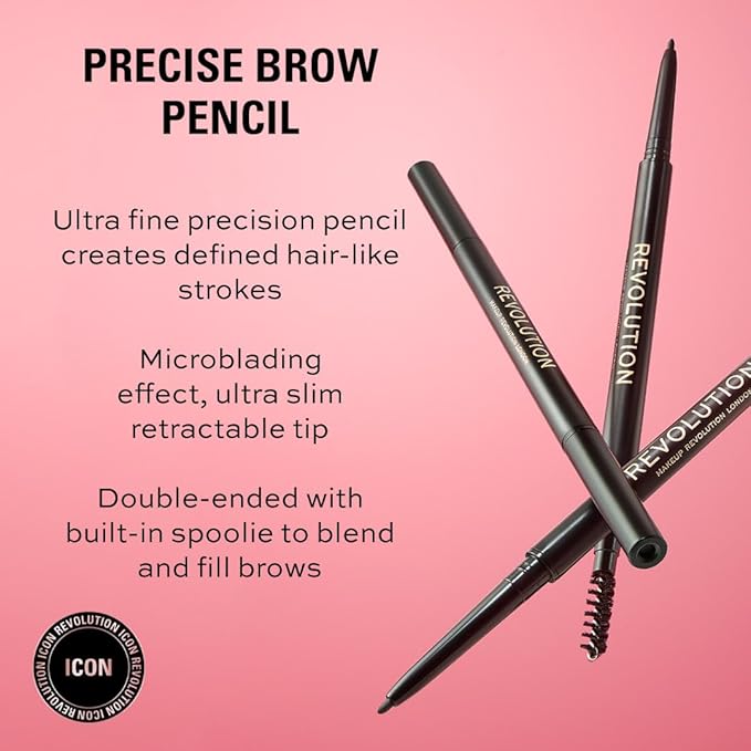 Revolution, Precise Brow Pencil, Dual-Sided, Ultra-Fine Pencil Tool, Includes Spoolie Brush, Vegan & Cruelty-Free, Medium Warm Brown