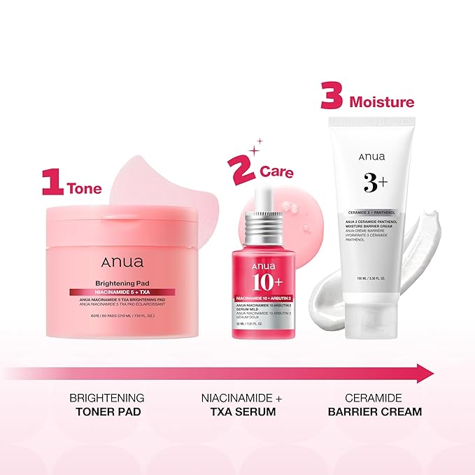 Anua Brightening Niacinamide Skincare Routine Set, Niacinamide TXA Toner Pad & Serum with Ceramide Face Moisturizer, Dark Spot Care & Hydration, Glass Skin Gift Set for Women, Korean Skincare Kit