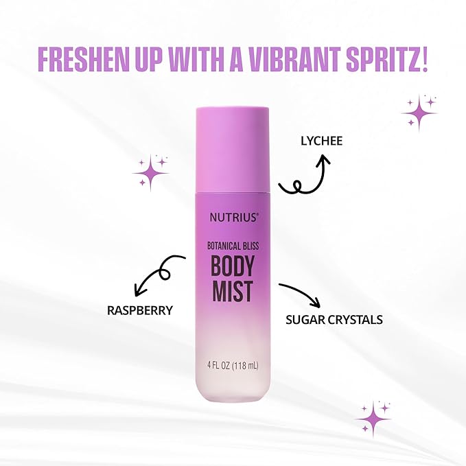 Nutrius Body Mist for Women, Botanical Bliss Scent, Hydrating Fragrance Body Spray with Botanical Extracts & Essential Oils, Natural Daily Fragrance, Vegan, Cruelty Free, 4 fl oz