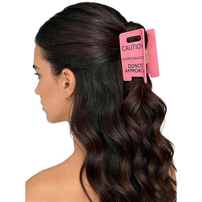 2PCS Excessive stimulation warning symbol hair clip, big yellow warning hair clip, persist partner I overstimulate, fun strong claw clamp (pink,yellow) large size