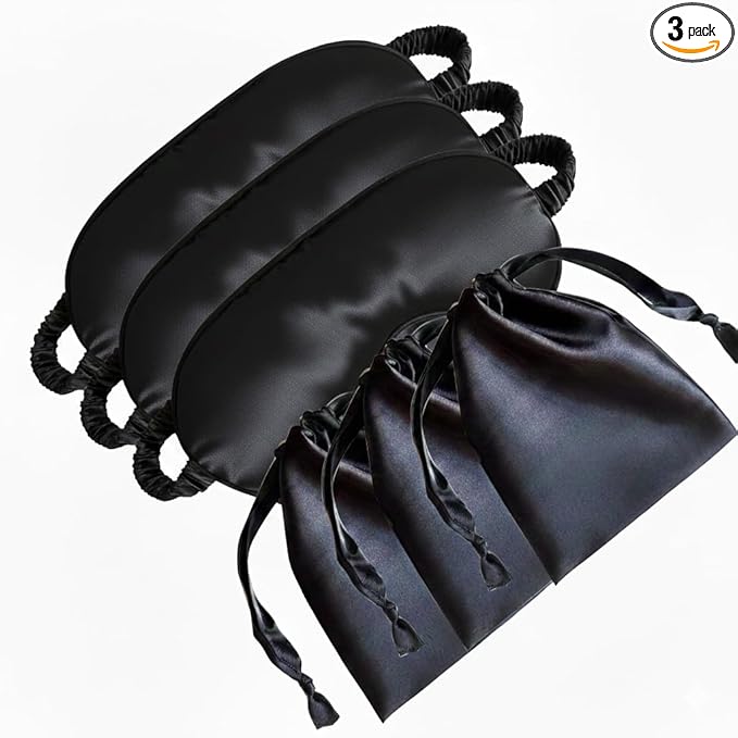 [3 Pack] QSYW Sleep Masks, Satin Eye Mask for Sleeping - Silky Eye Masks Bulk with Storage Bag & Elastic Strap,Black
