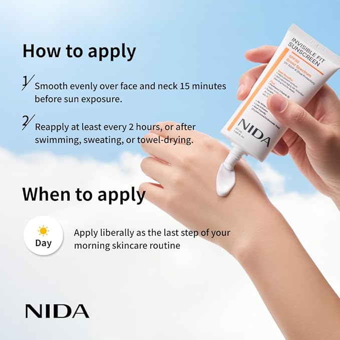 NIDA Invisible Fit Sunscreen SPF 50 Broad Spectrum UV-A/UV-B Protection | No White Cast, Low Irritation, Hydrating Lotion-like Lightweight Glow Sunscreen for All Skin Types | 1.69 fl. oz., 50ml